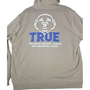 True Religion Men XL Buddha Graphic Sherpa Fleece Hoodie Full Zip Tan Jacket
